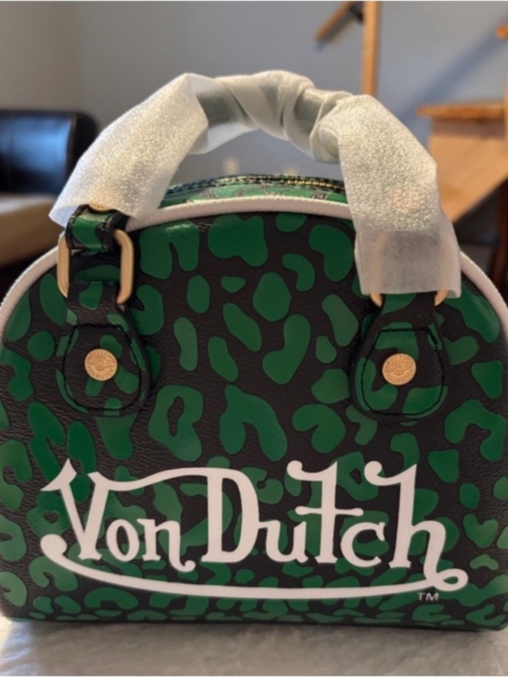 Von Dutch Green and Black Leopard Dome Satchel